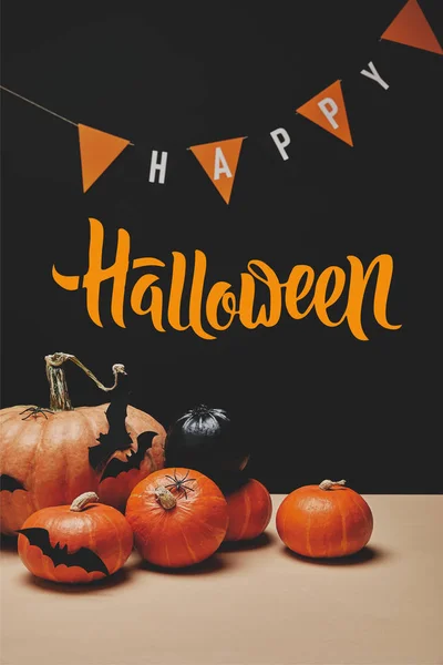 Pumpkins Paper Bats Paper Garland Happy Halloween Lettering — Stock Photo, Image