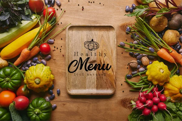 Organic Raw Vegetables Tray Healthy Menu Lettering Wooden Table — Stock Photo, Image