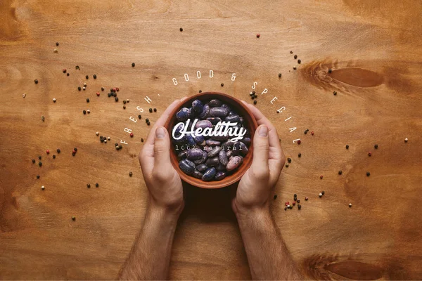 Male Hands Holding Bowl Filled Haricot Beans Wooden Table Healthy — Stock Photo, Image