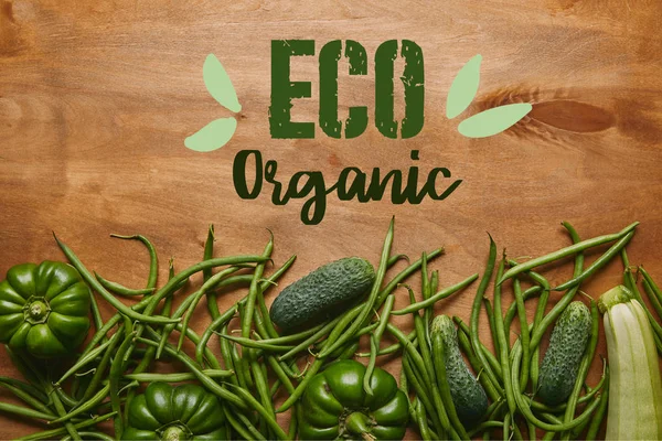 Fasola Szparagowa Organicznych Warzyw Drewniany Stół Napisem Eco Ekologiczne — Zdjęcie stockowe