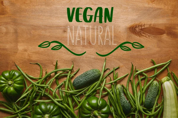 Green Beans Organic Vegetables Wooden Table Vegan Natural Lettering — Stock Photo, Image