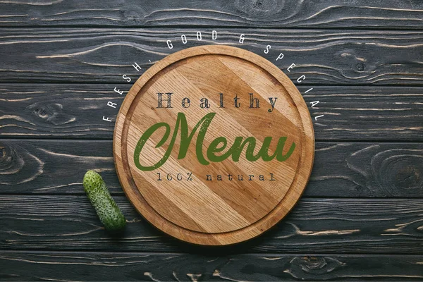 Cutting Board Healthy Menu Lettering Cucumber Dark Wooden Table — Stock Photo, Image