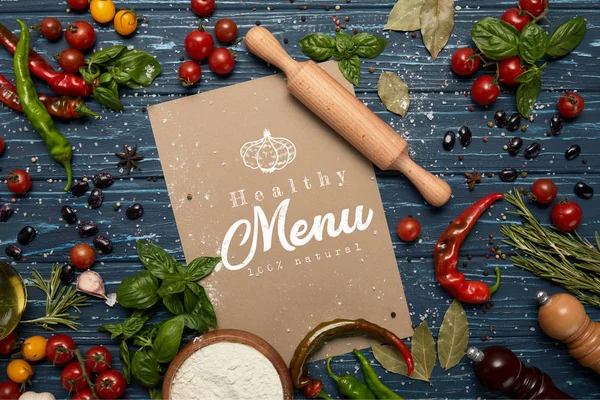 Top View Fresh Raw Vegetables Spices Rolling Pin Card Healthy — Stock Photo, Image