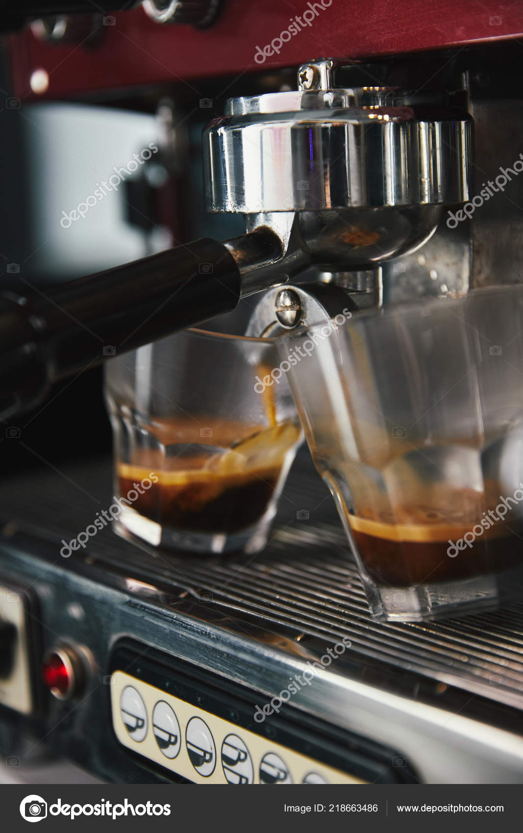 Close View Professional Coffee Machine Two Glasses Espresso Stock Photo by ©AntonMatyukha 218663486