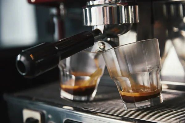 Close View Professional Coffee Maker Two Glasses Espresso — Stock Photo, Image