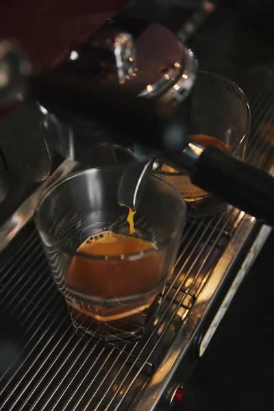 Close Coffee Machine Preparing Espresso Two Cups — Stock Photo, Image