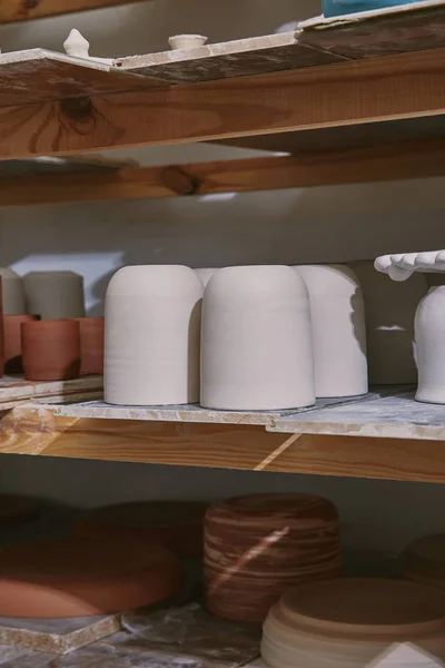 Focalizarea Selectivă Bolurilor Ceramice Vaselor Rafturile Din Lemn Studioul Ceramică — Fotografie de stoc gratuită