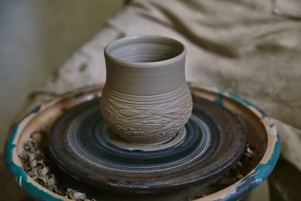 Selective Focus Clay Pot Pottery Wheel Workshop — Stock Photo, Image