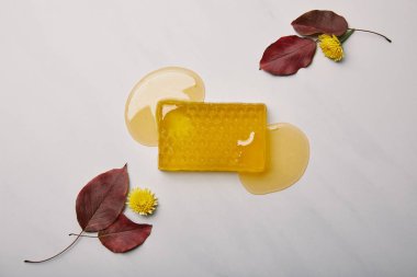 El yapımı sabun şeklinde petek dandelions ve beyaz mermer yüzeyi yaprak ile üstten görünüm