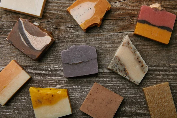 Top View Handmade Soap Pieces Rustic Wooden Surface — Stock Photo, Image