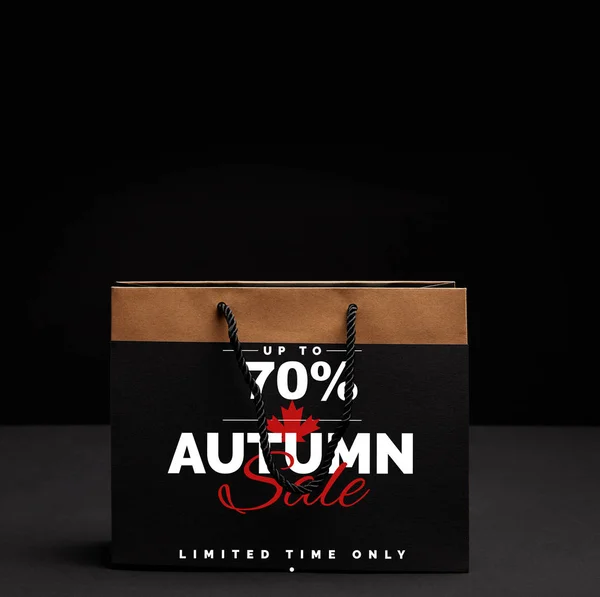 Paper Shopping Bag Black Backdrop Autumn Sale Percents Discount — Stock Photo, Image