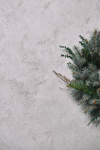 cropped image of fir wreath for Christmas decoration hanging on grey concrete wall in room