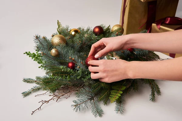 Cropped Image Woman Decorating Christmas Fir Wreath Toys Isolated White — Stock Photo, Image