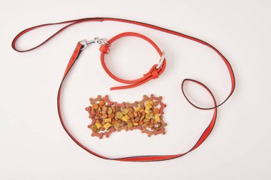 top view of dog collar and leash near bone made of dog food on white surface clipart