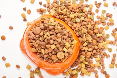 plastik kase köpek maması yığını üstten görünüm beyaz yüzeyi