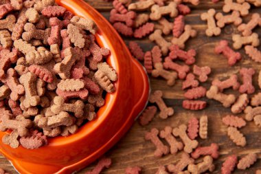 selective focus of plastic bowl with pile of dog food on wooden table  clipart