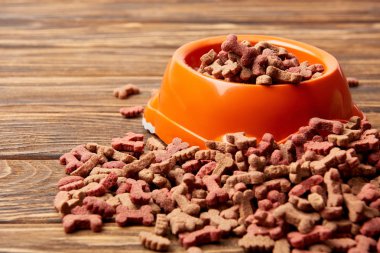 close up view of plastic bowl with pile of dog food on wooden table  clipart