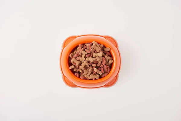 Podwyższone Widok Plastikowej Miski Psim Jedzeniem Białej Powierzchni — Zdjęcie stockowe