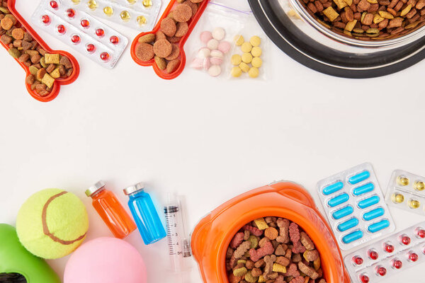 elevated view of various pills, bowls with dog food and balls on white surface