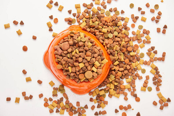 elevated view of plastic bowl with pile of pet food on white surface