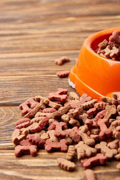 selective focus of plastic bowl with pile of pet food on wooden table