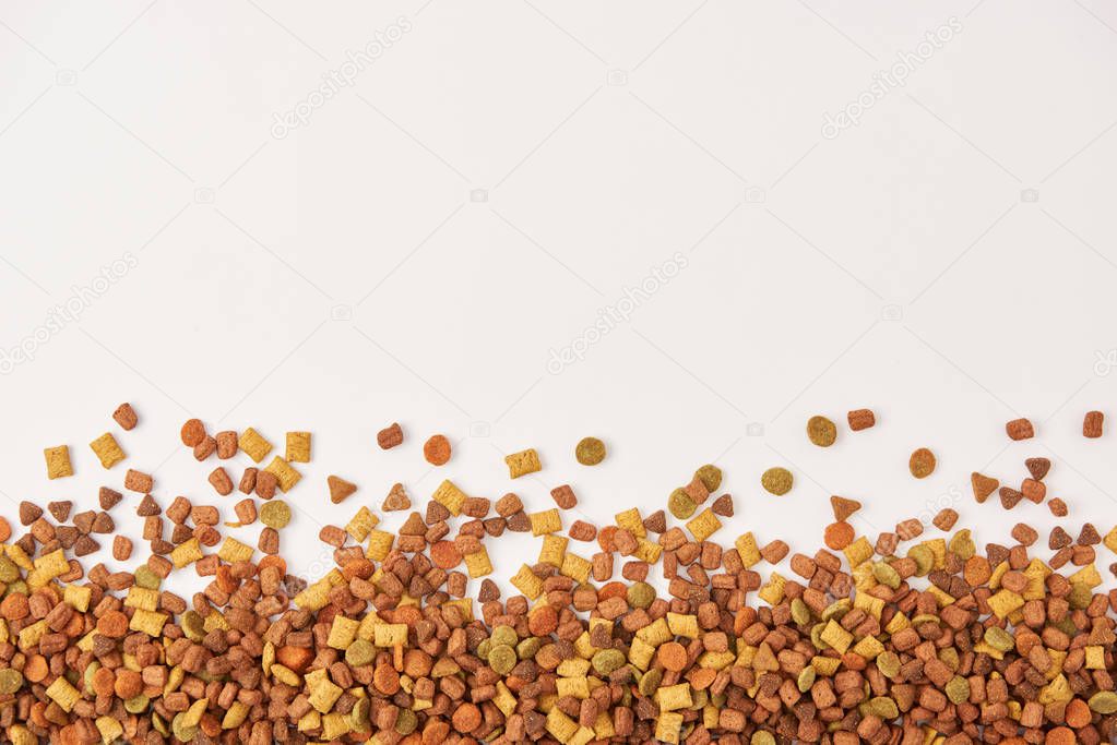 view from above of pile of dog food on white surface