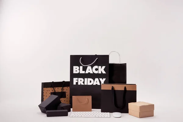 Computer Keyboard Mouse Various Boxes Shopping Bags Black Friday Sign — Stock Photo, Image