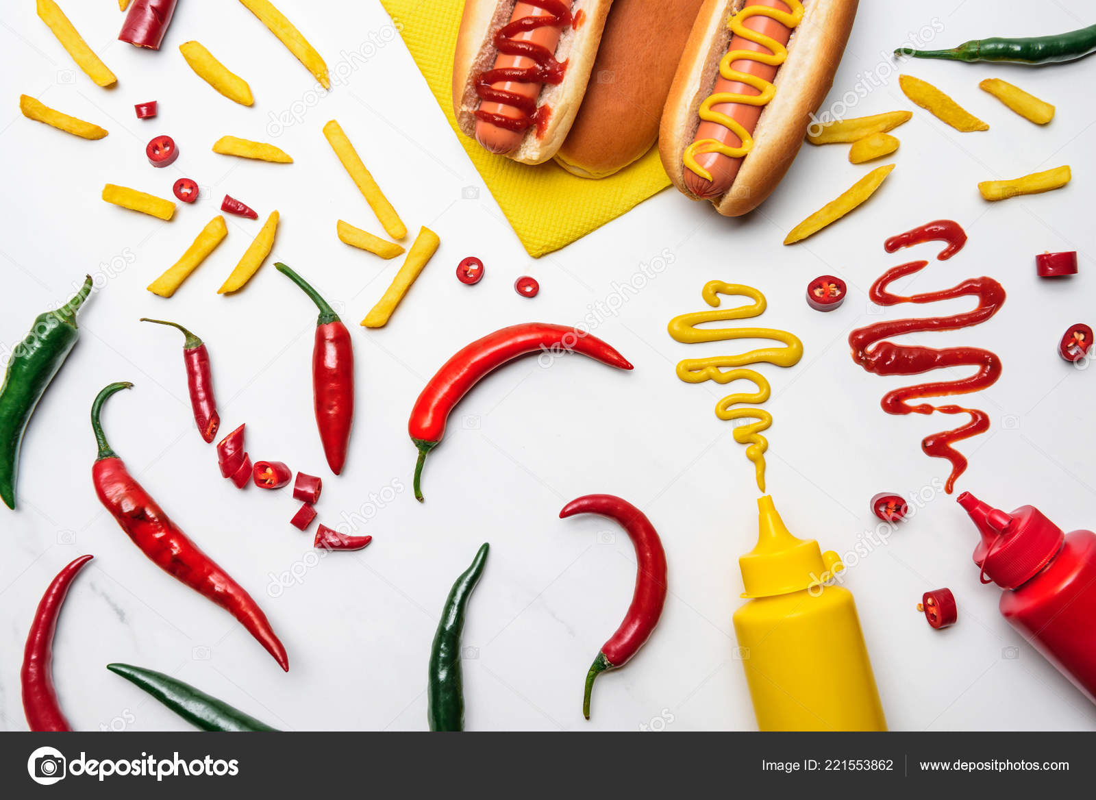 Top View Delicious Hot Dogs Peppers Fries Mustard Ketchup White Stock