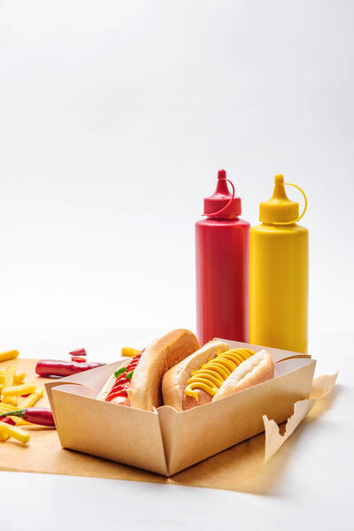 close-up shot of delicious hot dogs with french fries on paper and on white