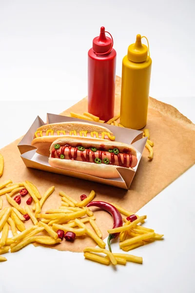 Close Shot Spicy Hot Dogs French Fries Mustard Ketchup Paper — Stock Photo, Image