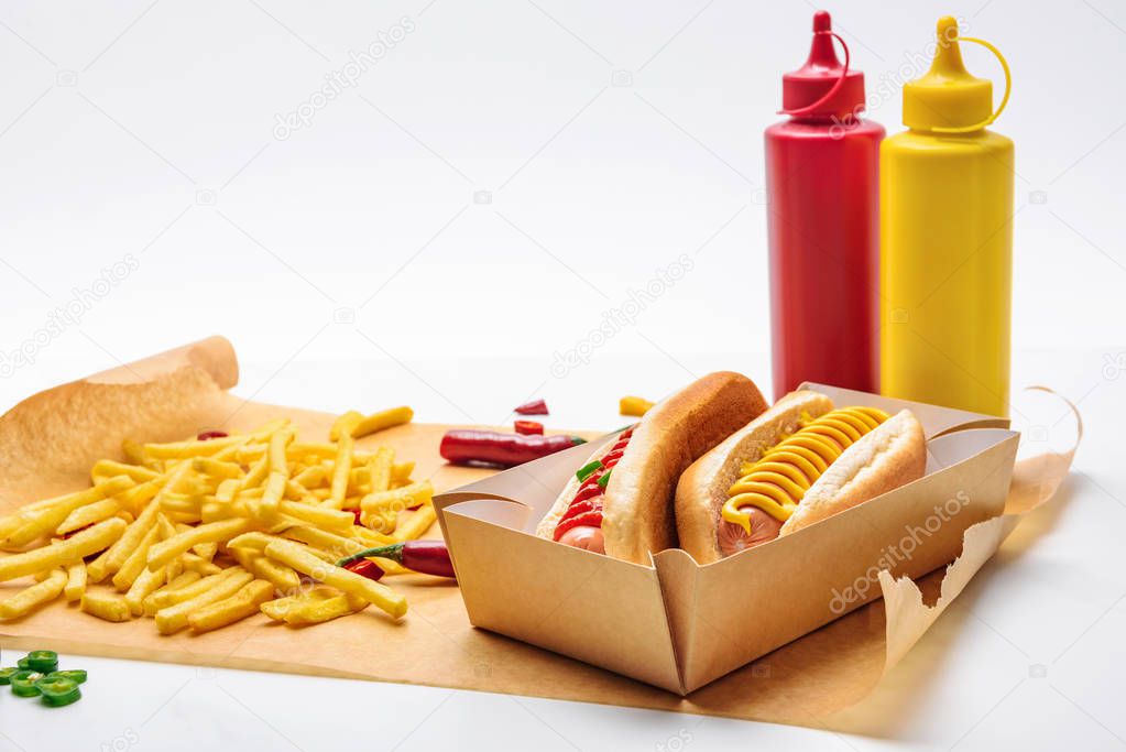 close-up shot of tasty hot dogs with french fries on paper and on white