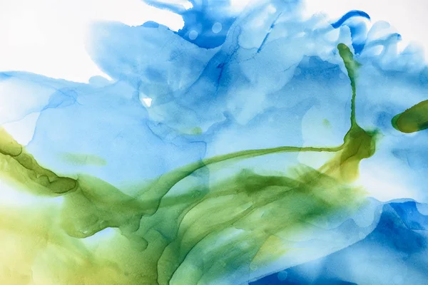 Green Blue Splashes Alcohol Inks White Abstract Background — Stock Photo, Image