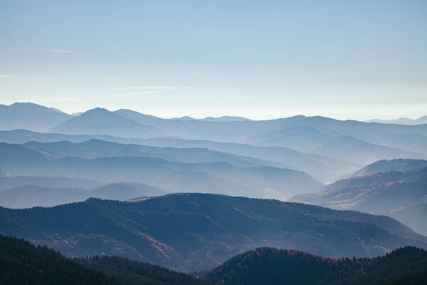 aerial view of scenic hazy mountains landscape, Carpathians, Ukraine