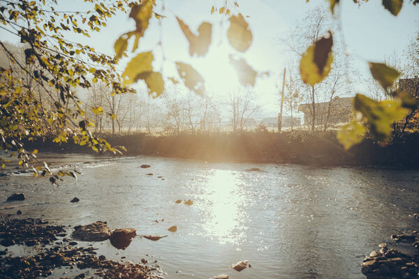dramatic shot of mountain river in Vorokhta town in sunny morning, Carpathians, Ukraine