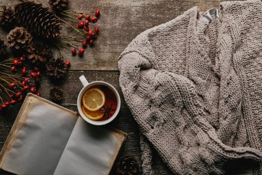 düz lay ile kırmızı holly Karpuzu, boş defter, fincan çay ve örme kazak üzerine ahşap masa üstü