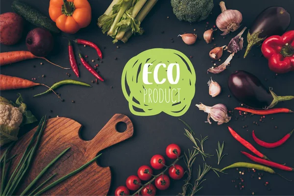 Vedere Sus Diferitelor Legume Bord Tăiere Masă Litere Produse Ecologice — Fotografie, imagine de stoc