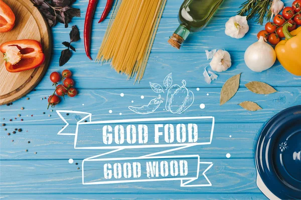 Vista Superior Los Ingredientes Para Cocinar Pasta Mesa Azul Buena — Foto de Stock