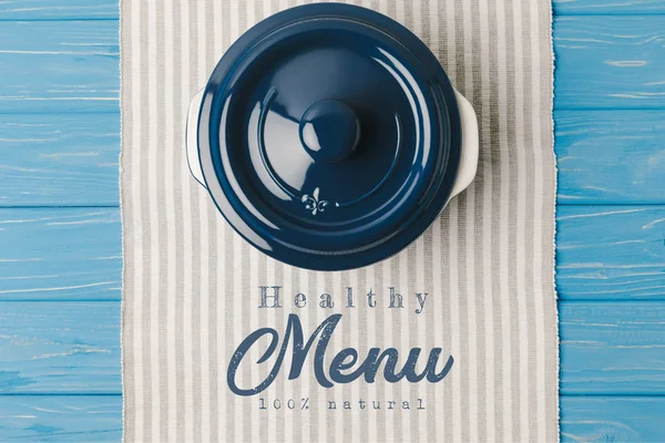 Top View Pan Napkin Blue Wooden Table Healthy Menu Lettering — Free Stock Photo