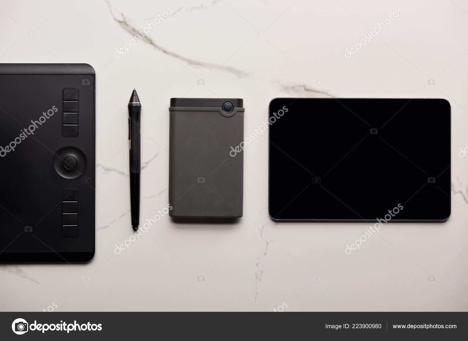 Top View Graphics Digital Tablet Portable Hdd White Marble Surface