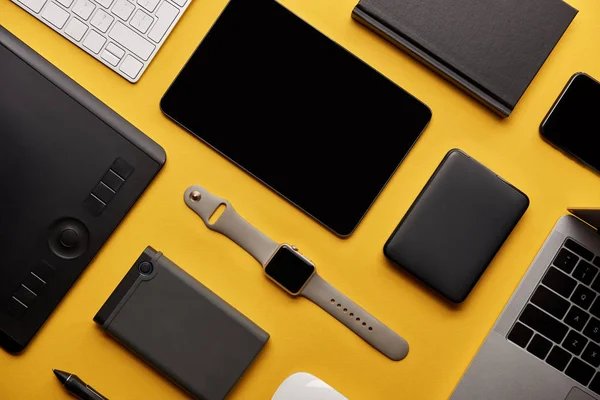 Flat Lay Different Wireless Devices Yellow Surface — Stock Photo, Image
