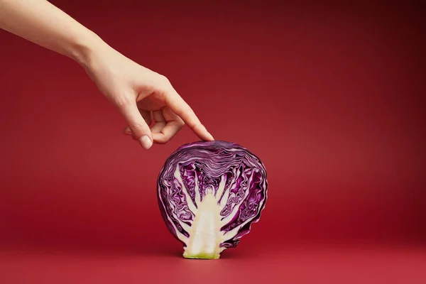 Cropped Shot Person Touching Sliced Purple Cabbage Red Background — Stock Photo, Image