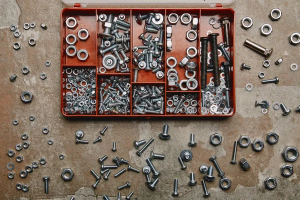 Top View Box Bolts Scattered Nails Screws Old Background — Stock Photo, Image