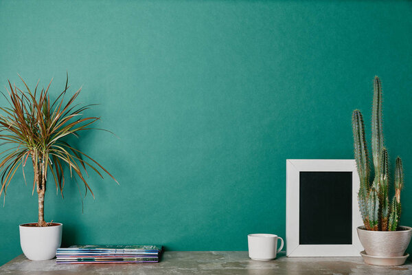 Plants, photo frame, journals and cup of beverage on green background