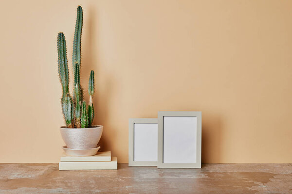 Кактусы и фоторамки на столе на бежевом фоне
