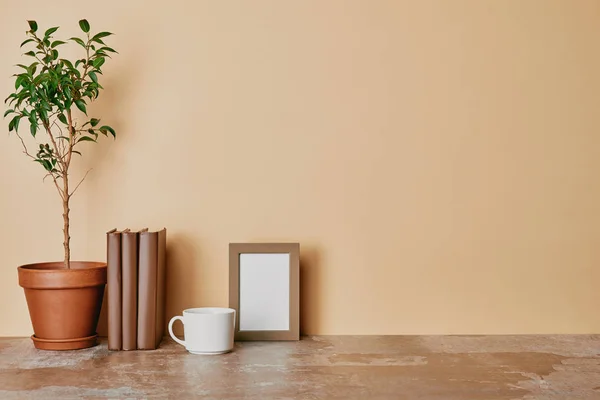 Pflanze Bücher Tasse Kaffee Und Leerer Fotorahmen Auf Beigem Hintergrund — Stockfoto