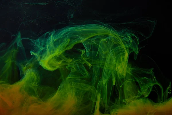 Black Background Abstract Green Orange Swirls Paint — Stock Photo, Image