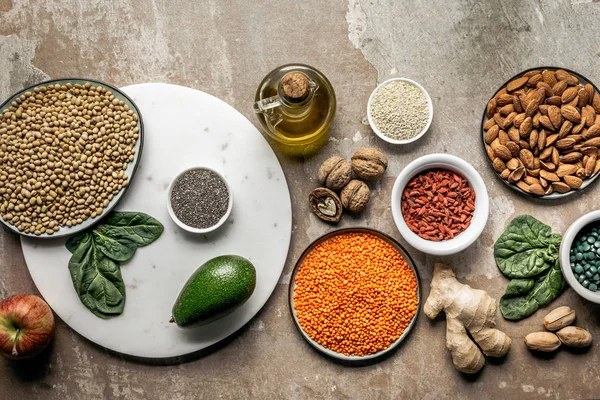 Vista Dall Alto Superalimenti Legumi Ingredienti Sani Sfondo Rustico — Foto Stock