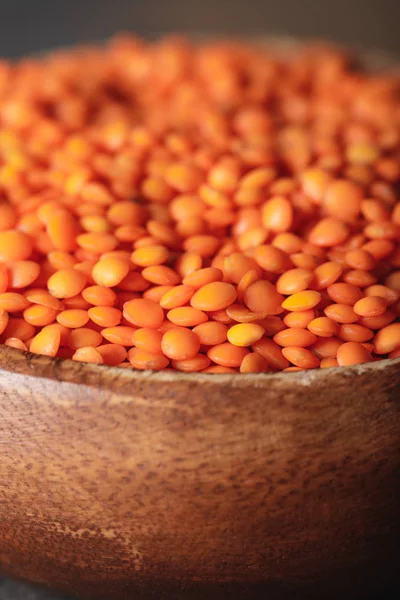 Selective Focus Red Lentils Wooden Bowl — Stock Photo, Image