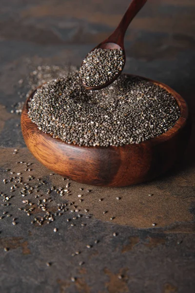 Chia Seeds Wooden Bowl Table Surface — Stock Photo, Image