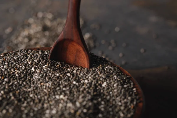 Selective Focus Chia Seeds Wooden Bowl Spoon — Stock Photo, Image